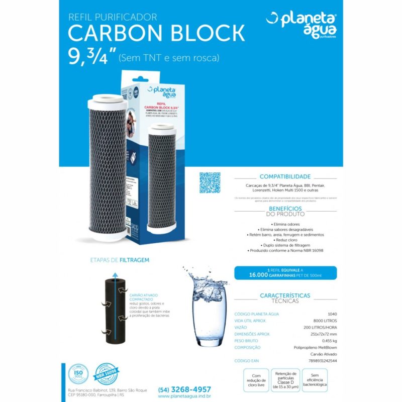 Refil para Filtros Carbon Block 9,3/4” da Planeta Água 2
